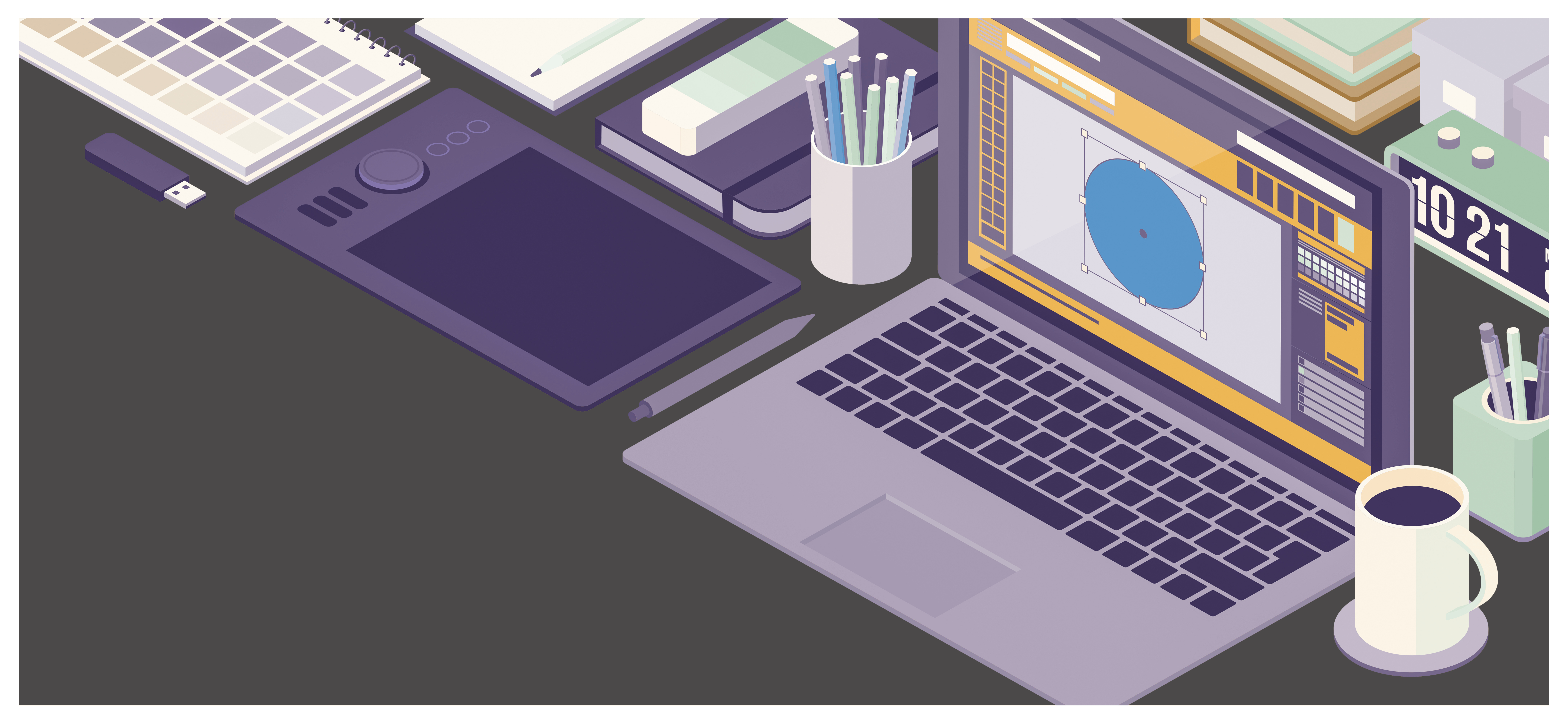 illustration of a desk with digital design tools on it